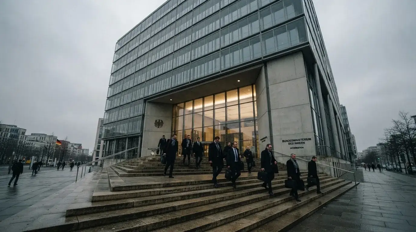 Üvegfalú közigazgatási épület bejárata, a lépcsőkön emberek, felhős égbolt, hűvös fények.