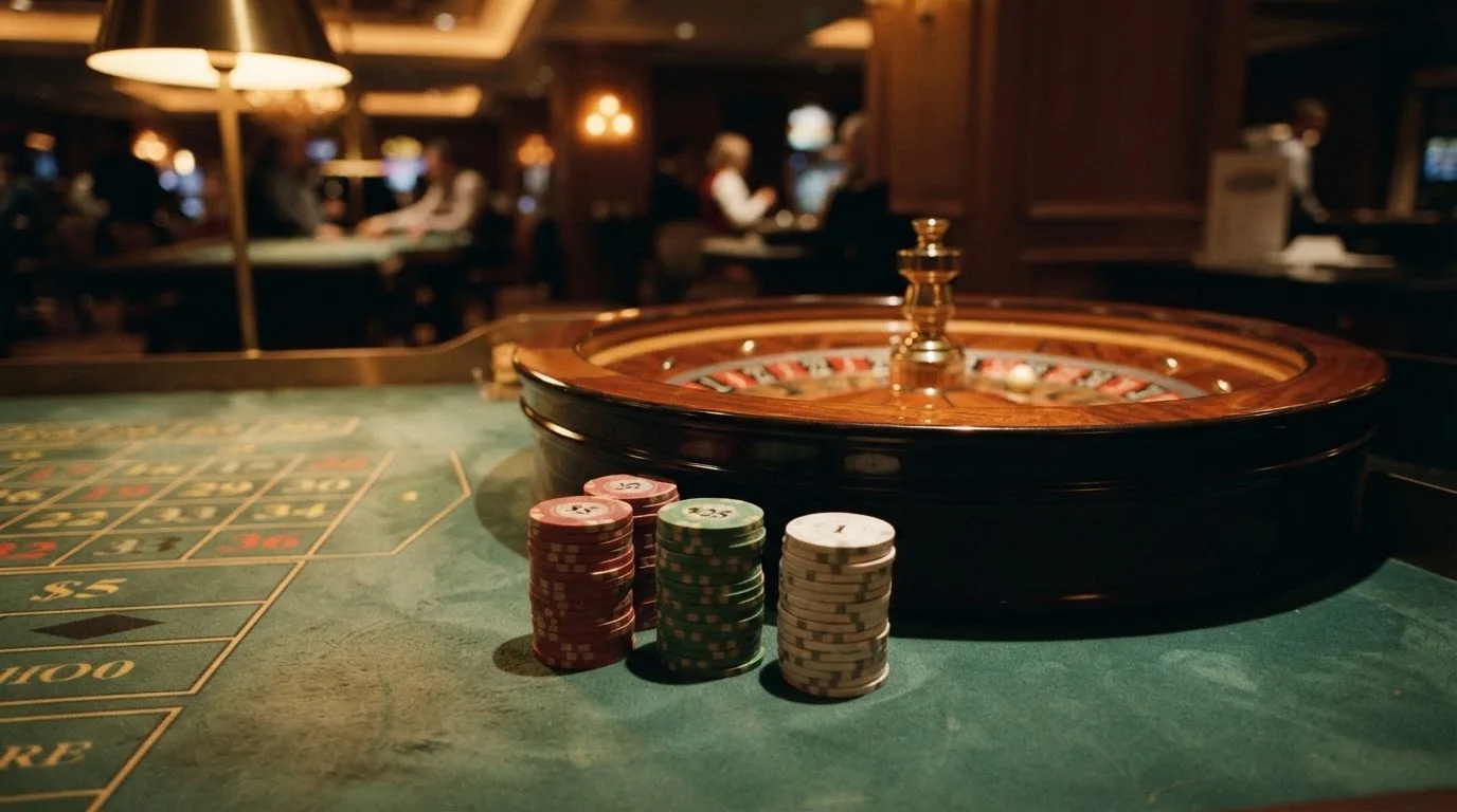 Rulettkerék és zsetonok zöld posztón, meleg esti fényben — blackjack játék magyarországon