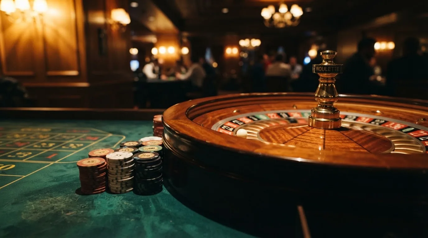 Rulettkerék és zsetonok zöld posztón, meleg esti fényben — blackjack szabályok magyaroknak