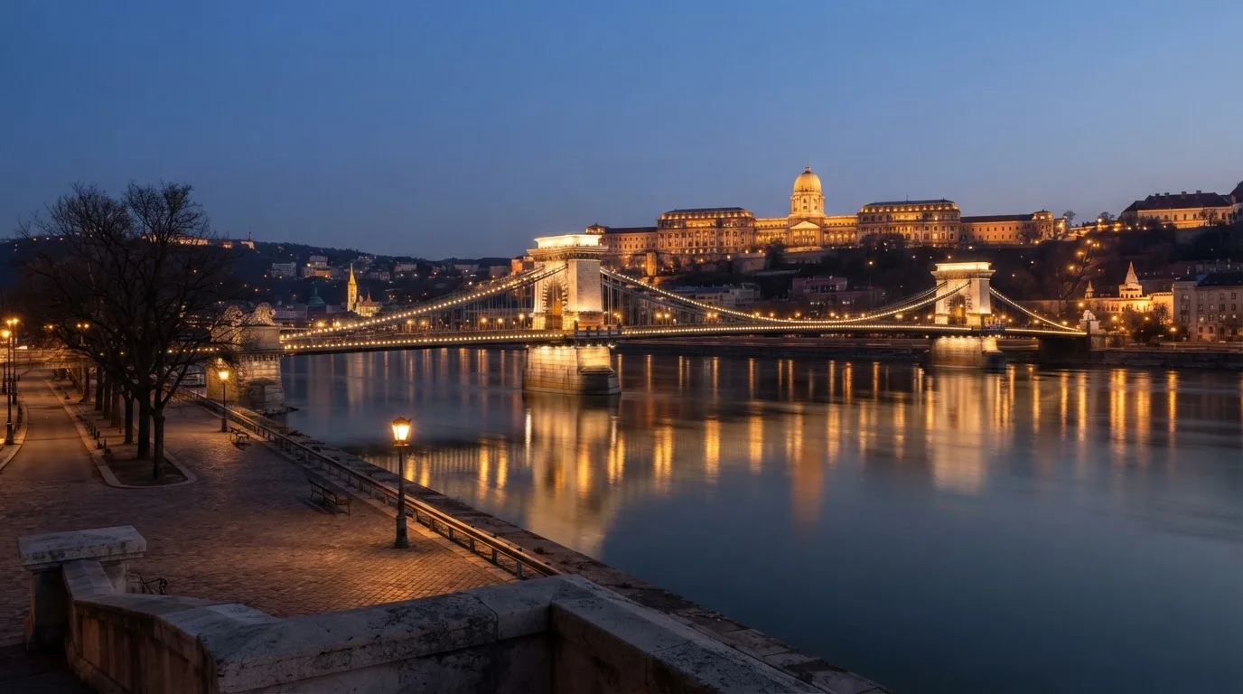 A budapesti Lánchíd esti fényekben a Duna fölött, a háttérben a budai Vár, forgalom nélküli rakpart.