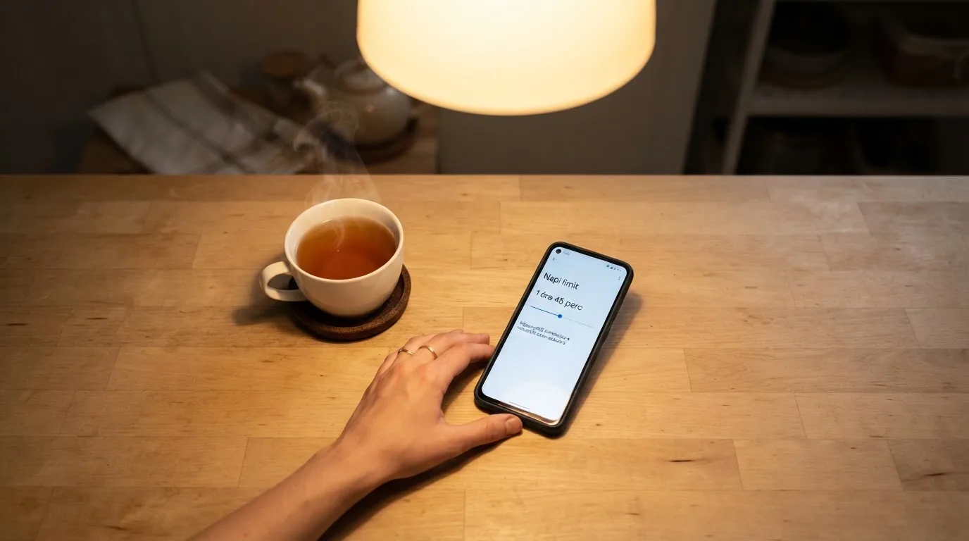 Kéz tart egy mobiltelefont egy csésze tea mellett a konyhaasztalon egy nyugodt estén — kaszinó szerencsejáték magyarországon