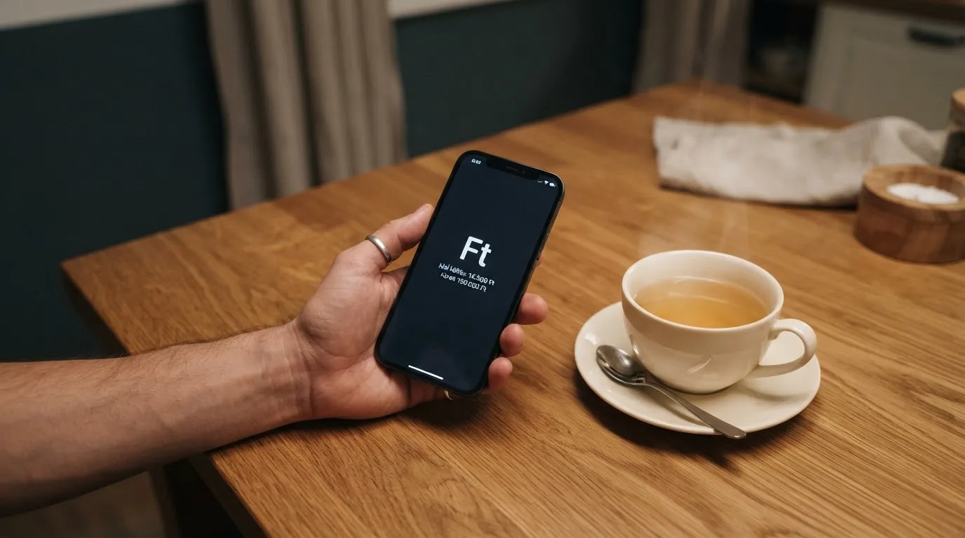 Kéz tart egy mobiltelefont egy csésze tea mellett a konyhaasztalon egy nyugodt estén — külföldi magyar kaszinók