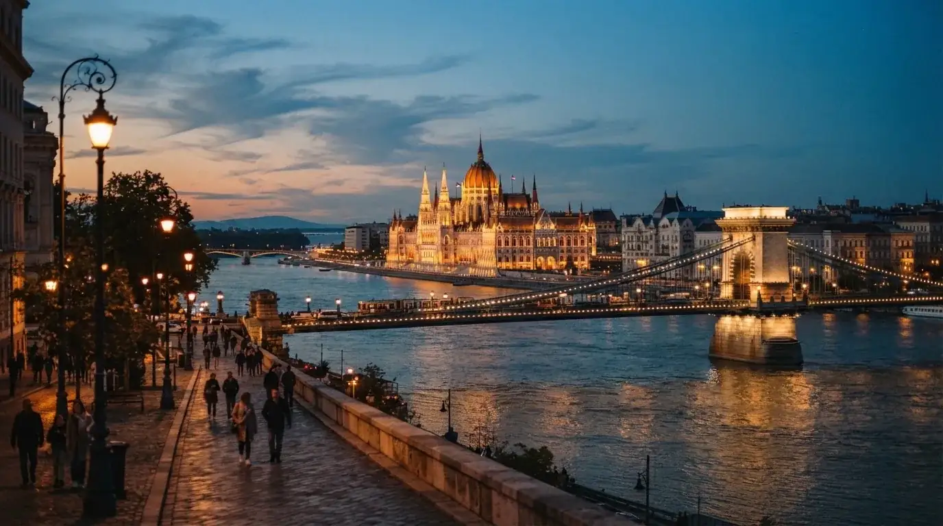 Budapesti belváros esti látképe a Duna-parttal és a Parlament sziluettjével, járókelők a rakparton, megvilágított hivatali épületek.